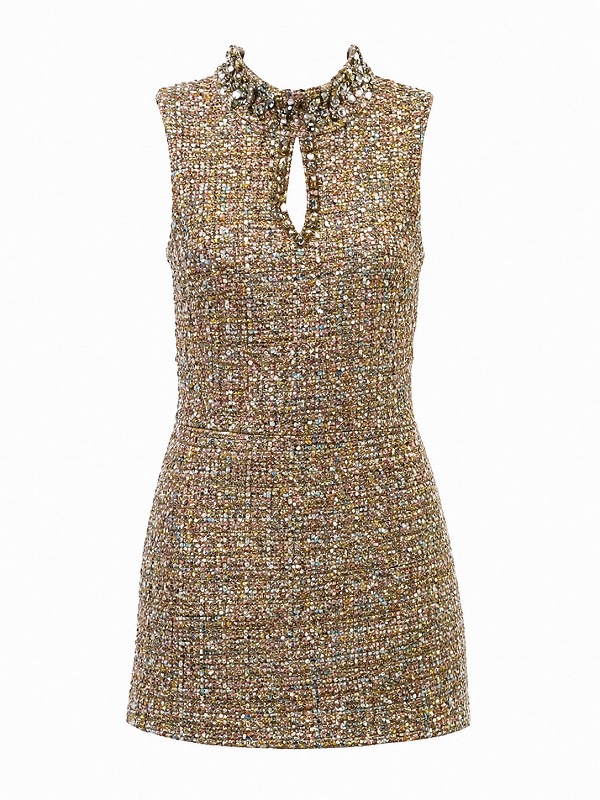 【新品DRESS 1988】ミックスツイードネックビジューバストカットタイトミニドレス ブラウンゴールド Sサイズ【Four seasons】
